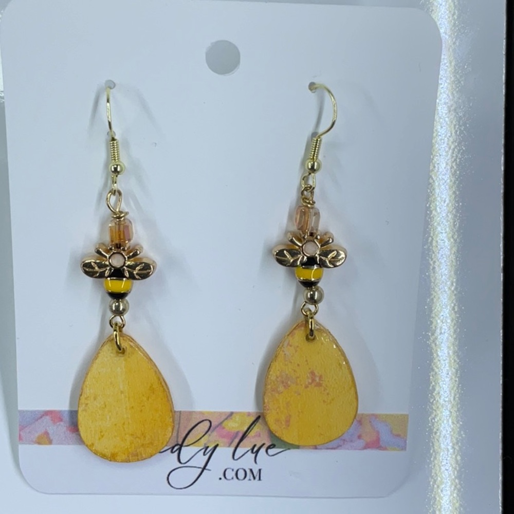 Golden Dangle Teardrop Statement Earrings with Bee Charm - Picture 8 of 9